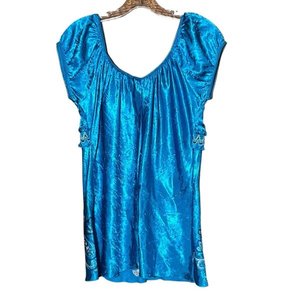 Y2K Embroidered Crushed Satin Babydoll Top Size XL Heartsoul Turquoise Milkmaid - Picture 3 of 5